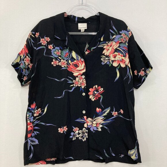 Vintage Karen Kane size 14 Black Multi Floral Short Sleeve Relaxed Button Up - Picture 1 of 9
